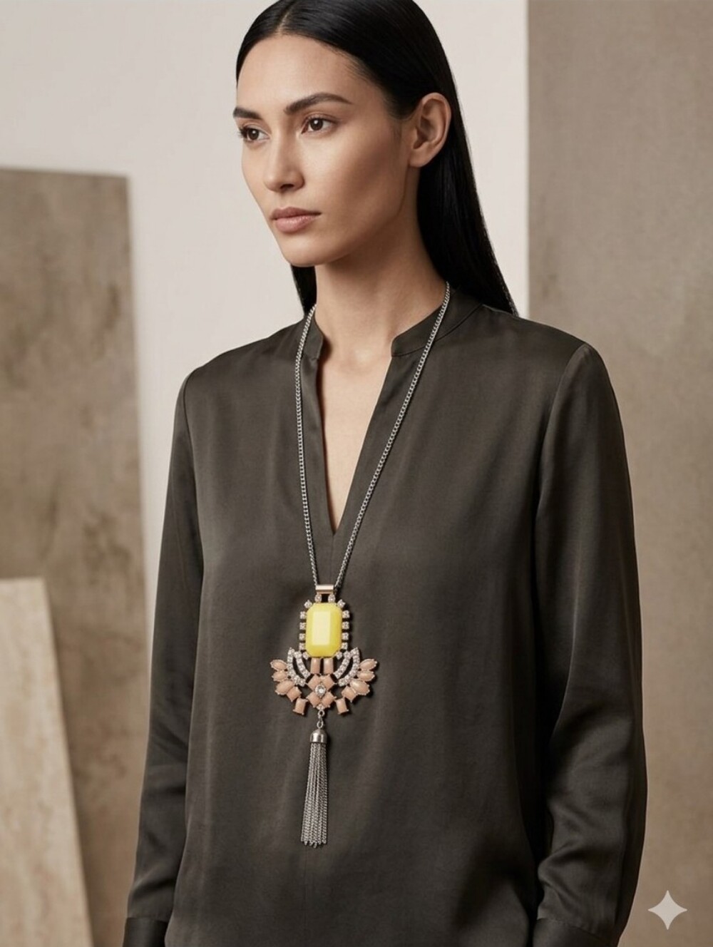 The Limited Yellow and Beige Statement Pendant Necklace with Gold Tassel